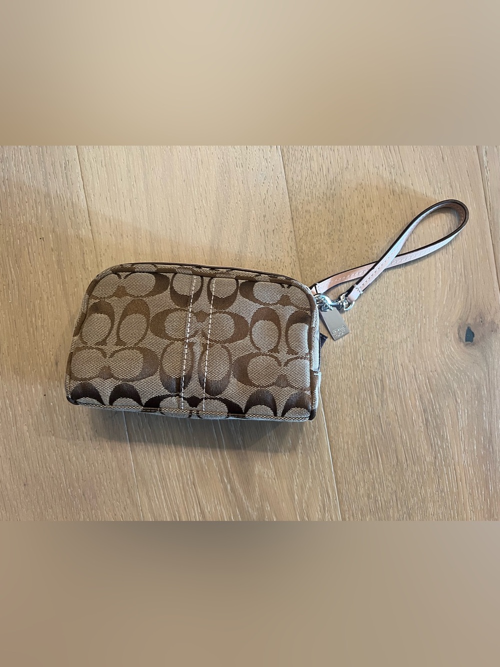Coach Signature Canvas Wristlet in Brown and Tan